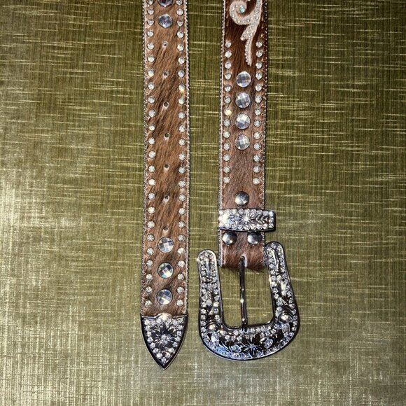 Nocona Brown Calf Hair Leather Studded Iridescent Rhinestone Belt M 32.5-38.5” - Picture 8 of 16